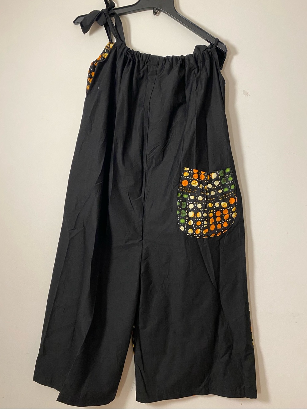 African Ankara Print Wide Leg Capri Jumpsuit with solid black back. Summer Vibe - Picture 4 of 12
